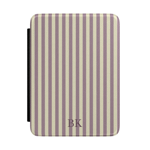 Dusty mauve and cream stripe Kindle Paperwhite case with debossed initials front cover — Quiet Bookish personalized gift