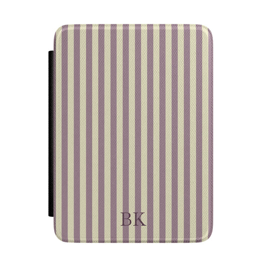 Dusty mauve and cream stripe Kindle Paperwhite case with debossed initials front cover — Quiet Bookish personalized gift