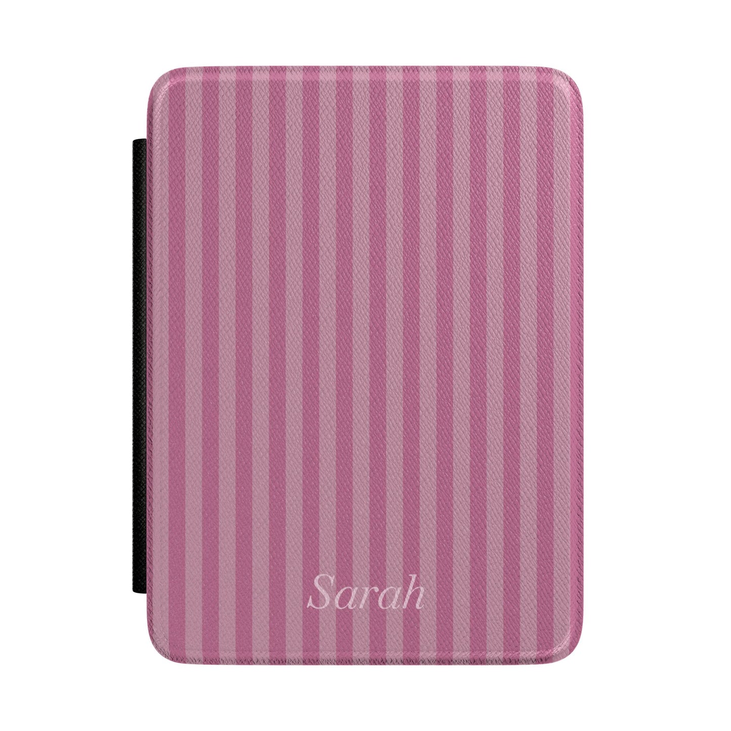 Mauve-pink stripe Kindle Paperwhite case with personalized name in white script front cover — Coquette Reader custom gift