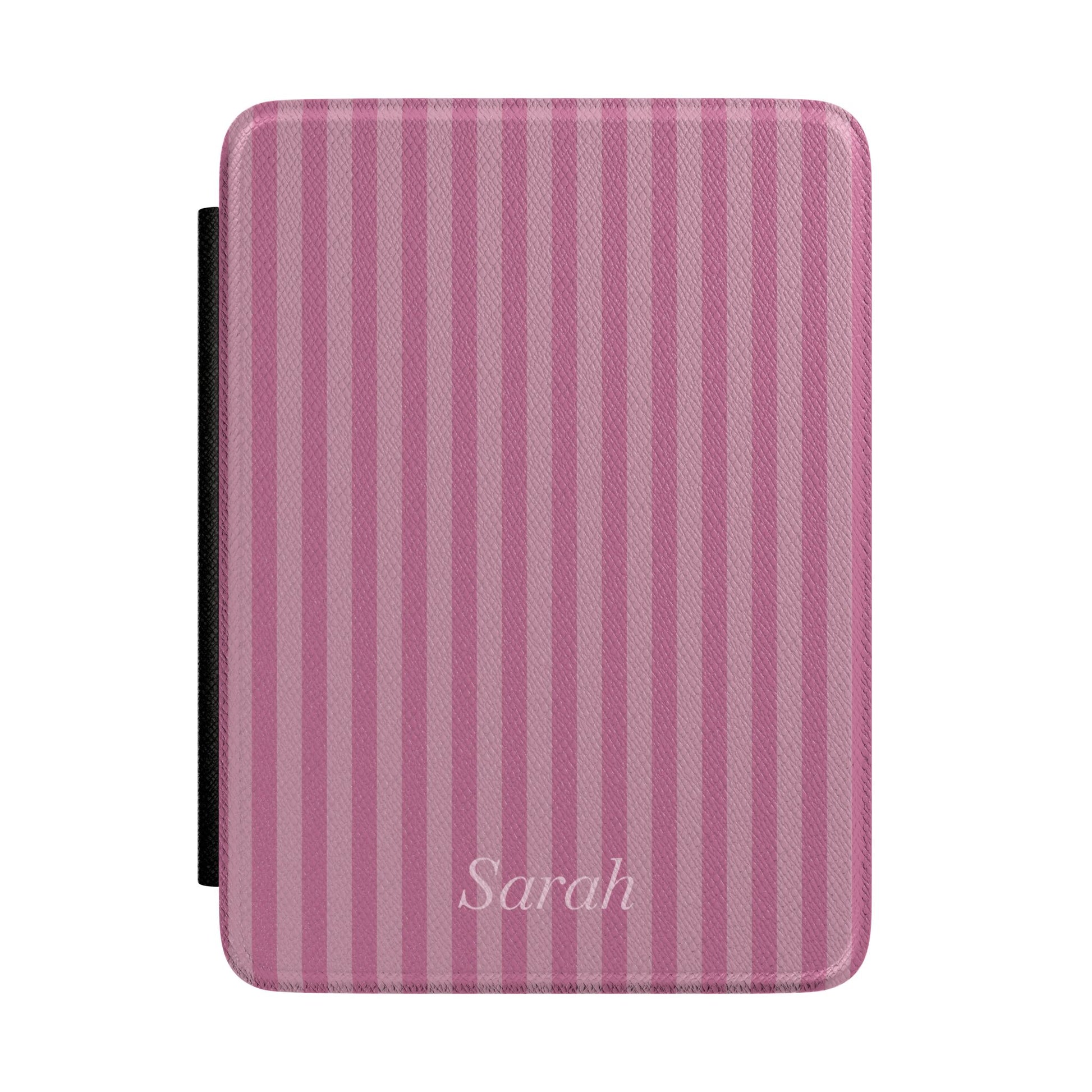 Mauve-pink stripe Kindle Paperwhite case with personalized name in white script front cover — Coquette Reader custom gift