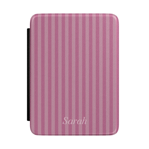 Mauve-pink stripe Kindle Paperwhite case with personalized name in white script front cover — Coquette Reader custom gift