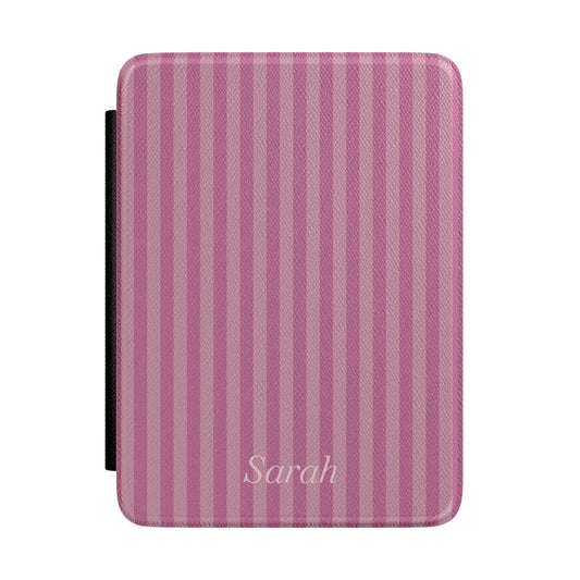 Mauve-pink stripe Kindle Paperwhite case with personalized name in white script front cover — Coquette Reader custom gift