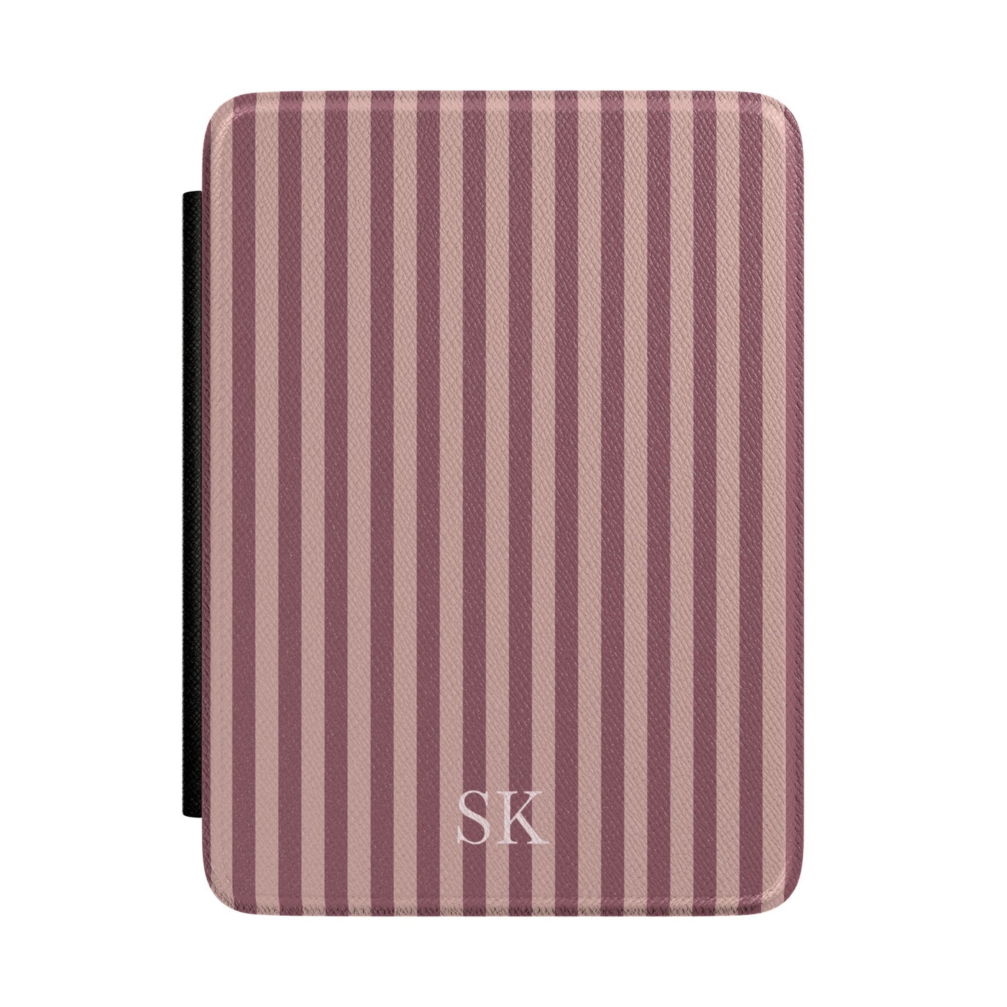 Mauve and dusty rose stripe Kindle Paperwhite case with debossed initials front cover — Maison Noir personalized gift
