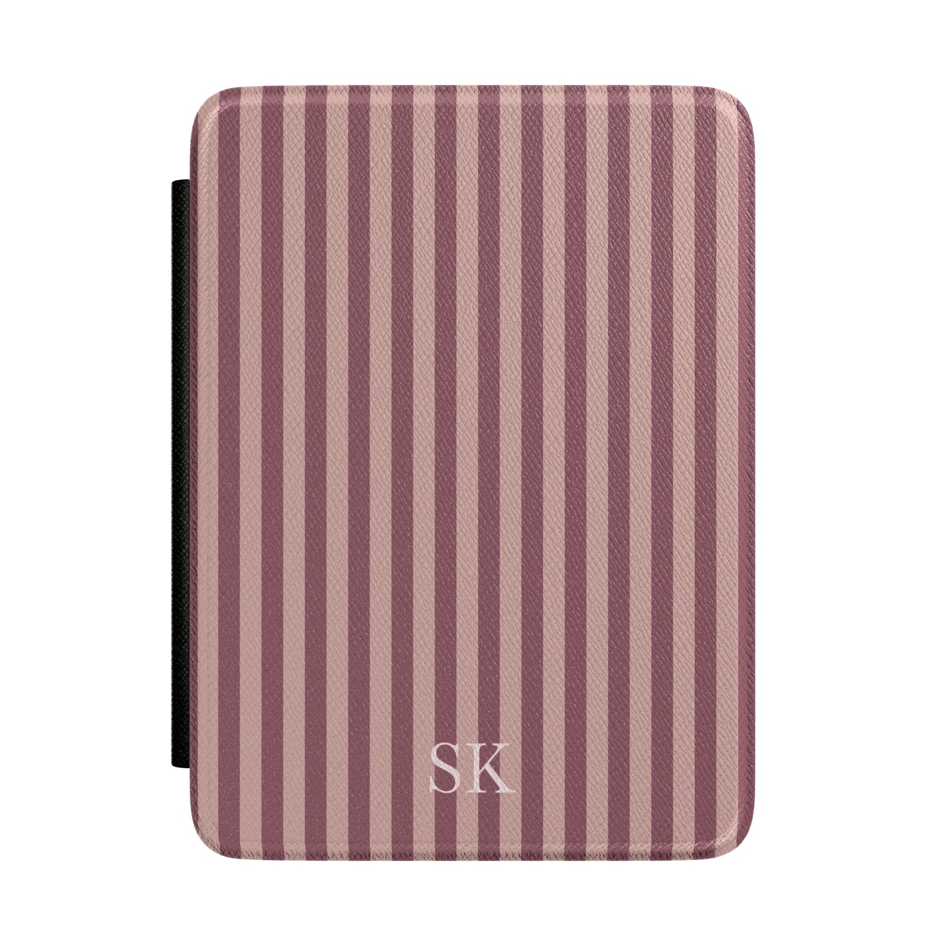 Mauve and dusty rose stripe Kindle Paperwhite case with debossed initials front cover — Maison Noir personalized gift