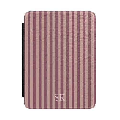 Mauve and dusty rose stripe Kindle Paperwhite case with debossed initials front cover — Maison Noir personalized gift