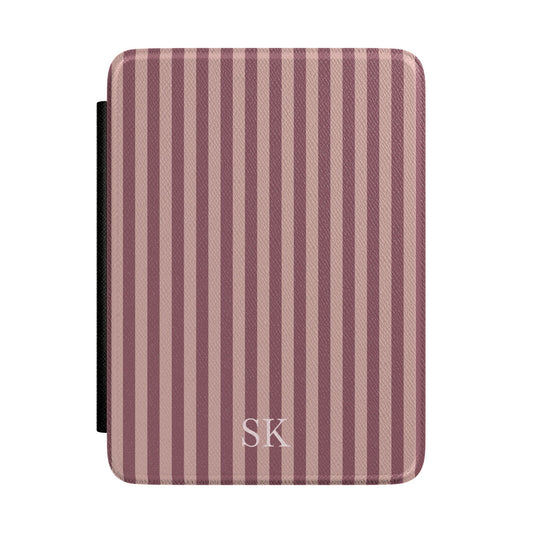 Mauve and dusty rose stripe Kindle Paperwhite case with debossed initials front cover — Maison Noir personalized gift