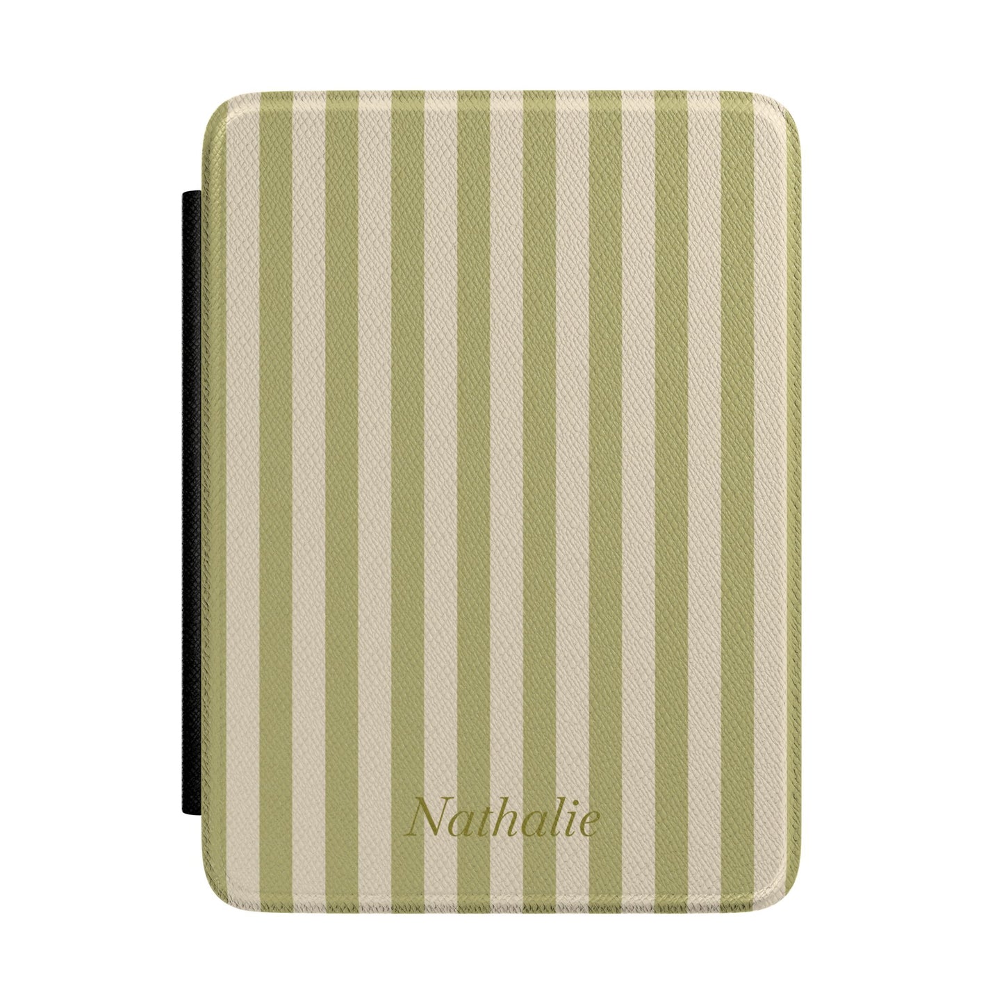 Olive green and cream stripe Kindle Paperwhite case with personalized name in script front cover — Quiet Bookish custom gift