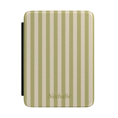 Olive green and cream stripe Kindle Paperwhite case with personalized name in script front cover — Quiet Bookish custom gift