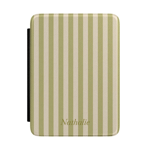 Olive green and cream stripe Kindle Paperwhite case with personalized name in script front cover — Quiet Bookish custom gift