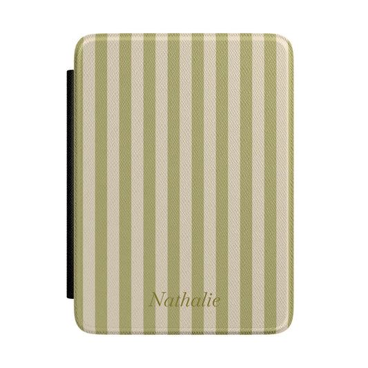 Olive green and cream stripe Kindle Paperwhite case with personalized name in script front cover — Quiet Bookish custom gift