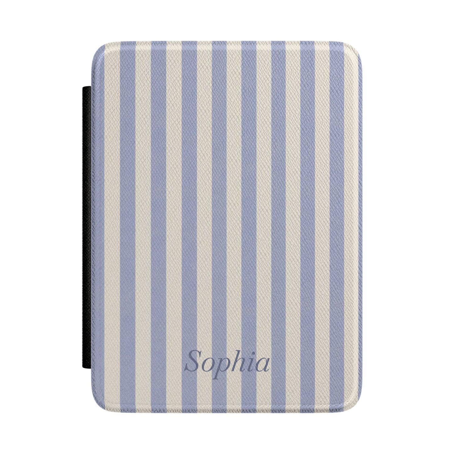 Periwinkle blue and cream stripe Kindle Paperwhite case with personalized name in grey script front cover — Quiet Bookish custom gift