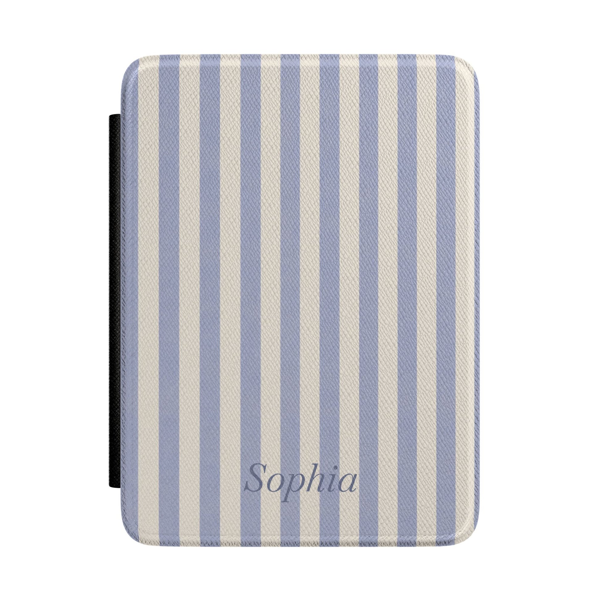 Periwinkle blue and cream stripe Kindle Paperwhite case with personalized name in grey script front cover — Quiet Bookish custom gift