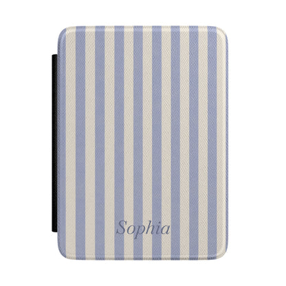 Periwinkle blue and cream stripe Kindle Paperwhite case with personalized name in grey script front cover — Quiet Bookish custom gift