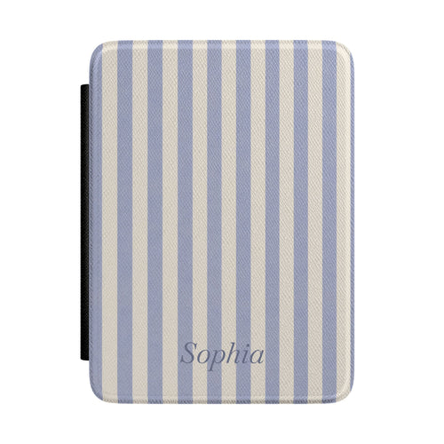Periwinkle blue and cream stripe Kindle Paperwhite case with personalized name in grey script front cover — Quiet Bookish custom gift