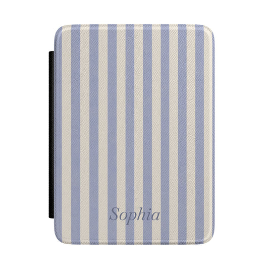 Periwinkle blue and cream stripe Kindle Paperwhite case with personalized name in grey script front cover — Quiet Bookish custom gift