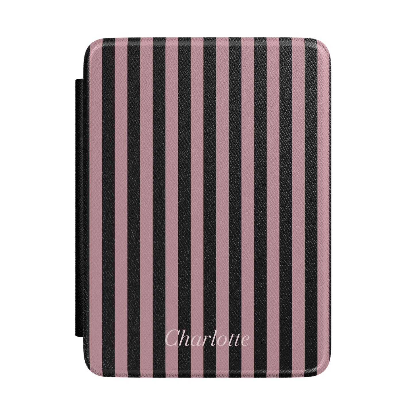 Dusty pink and black stripe Kindle Paperwhite case with personalized name in white script front cover — Atelier custom gift