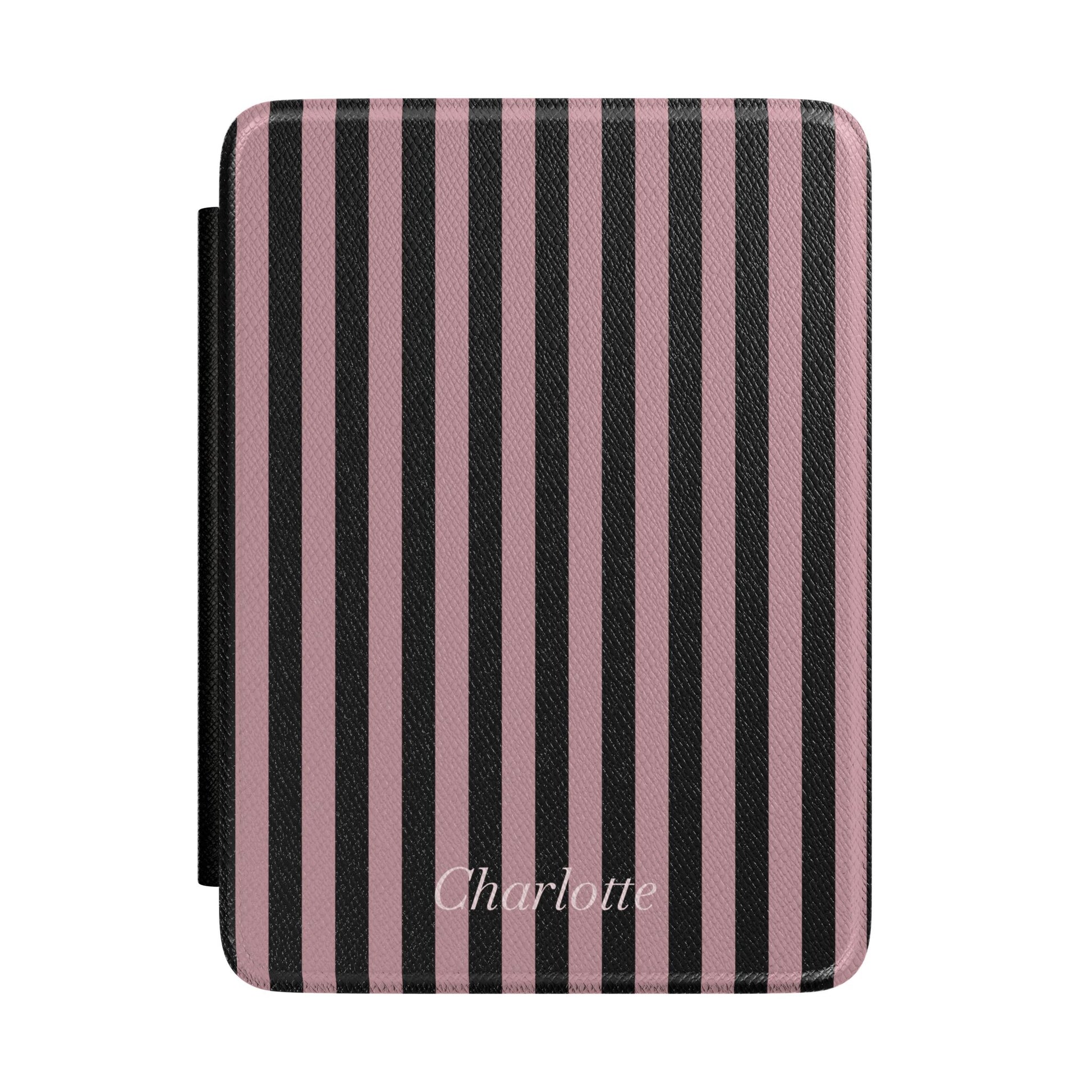 Dusty pink and black stripe Kindle Paperwhite case with personalized name in white script front cover — Atelier custom gift