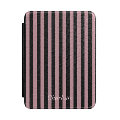 Dusty pink and black stripe Kindle Paperwhite case with personalized name in white script front cover — Atelier custom gift