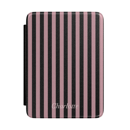 Dusty pink and black stripe Kindle Paperwhite case with personalized name in white script front cover — Atelier custom gift