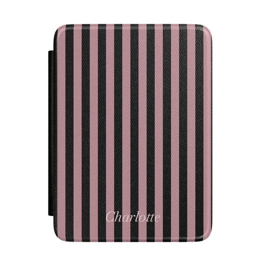 Dusty pink and black stripe Kindle Paperwhite case with personalized name in white script front cover — Atelier custom gift