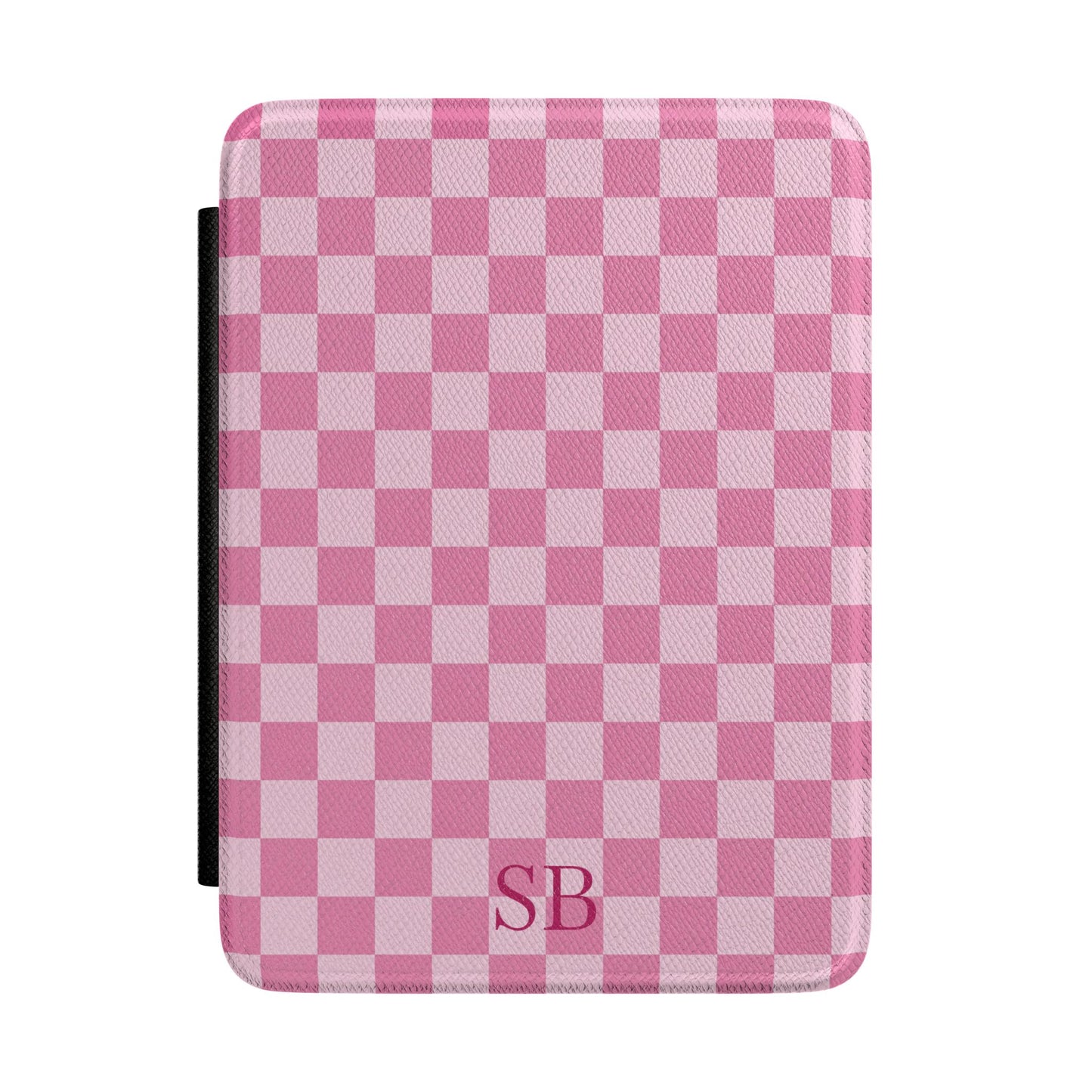 Pink gingham Kindle Paperwhite case with debossed initials front cover — Coquette Reader personalized gift for her
