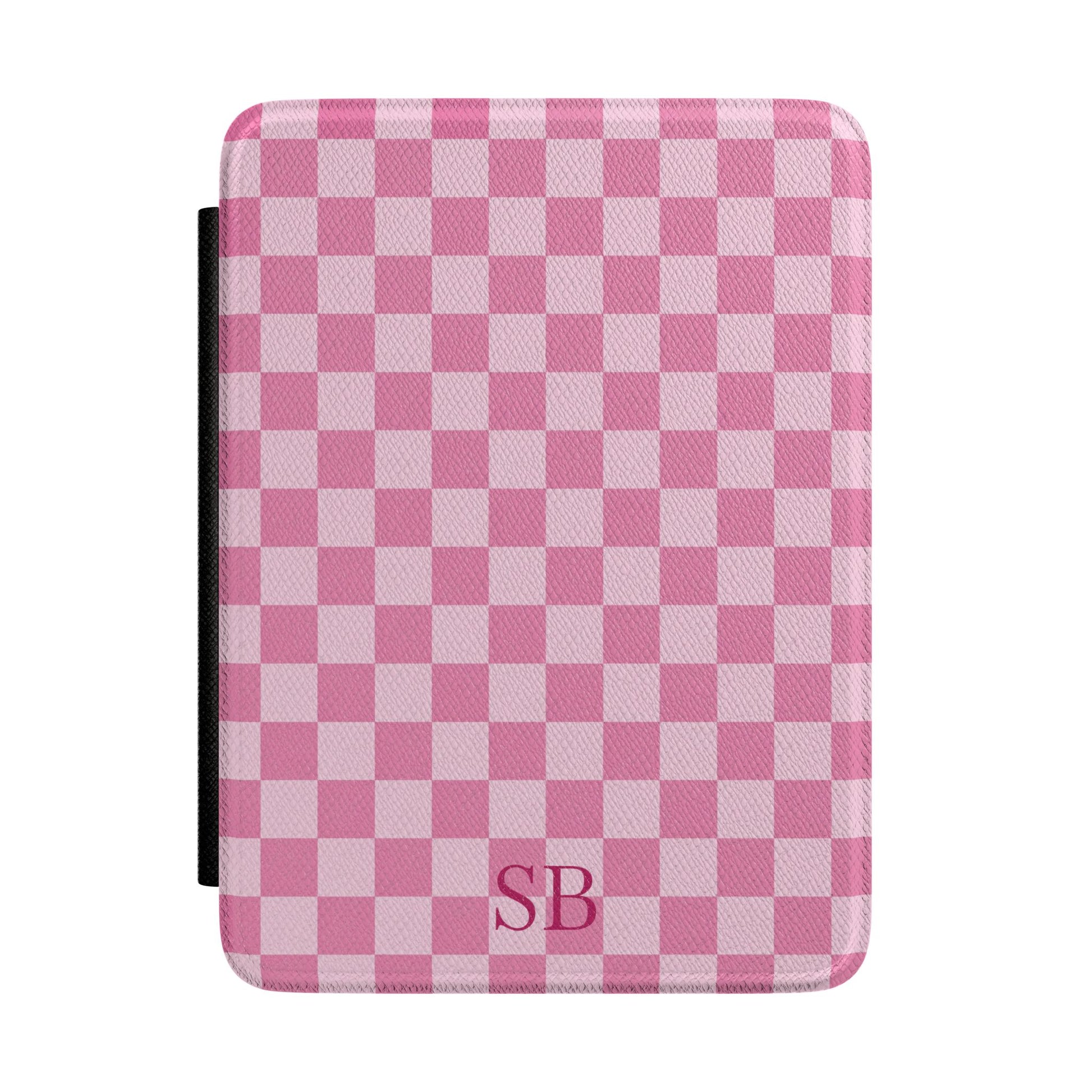 Pink gingham Kindle Paperwhite case with debossed initials front cover — Coquette Reader personalized gift for her
