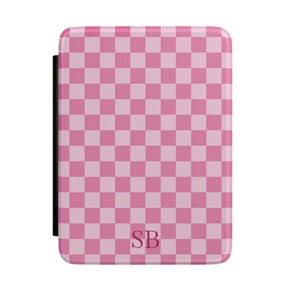 Pink gingham Kindle Paperwhite case with debossed initials front cover — Coquette Reader personalized gift for her