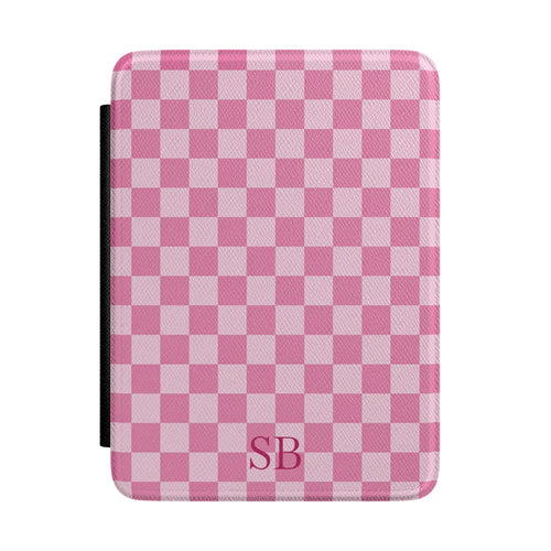 Pink gingham Kindle Paperwhite case with debossed initials front cover — Coquette Reader personalized gift for her