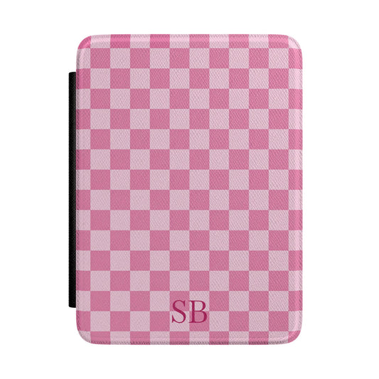 Pink gingham Kindle Paperwhite case with debossed initials front cover — Coquette Reader personalized gift for her