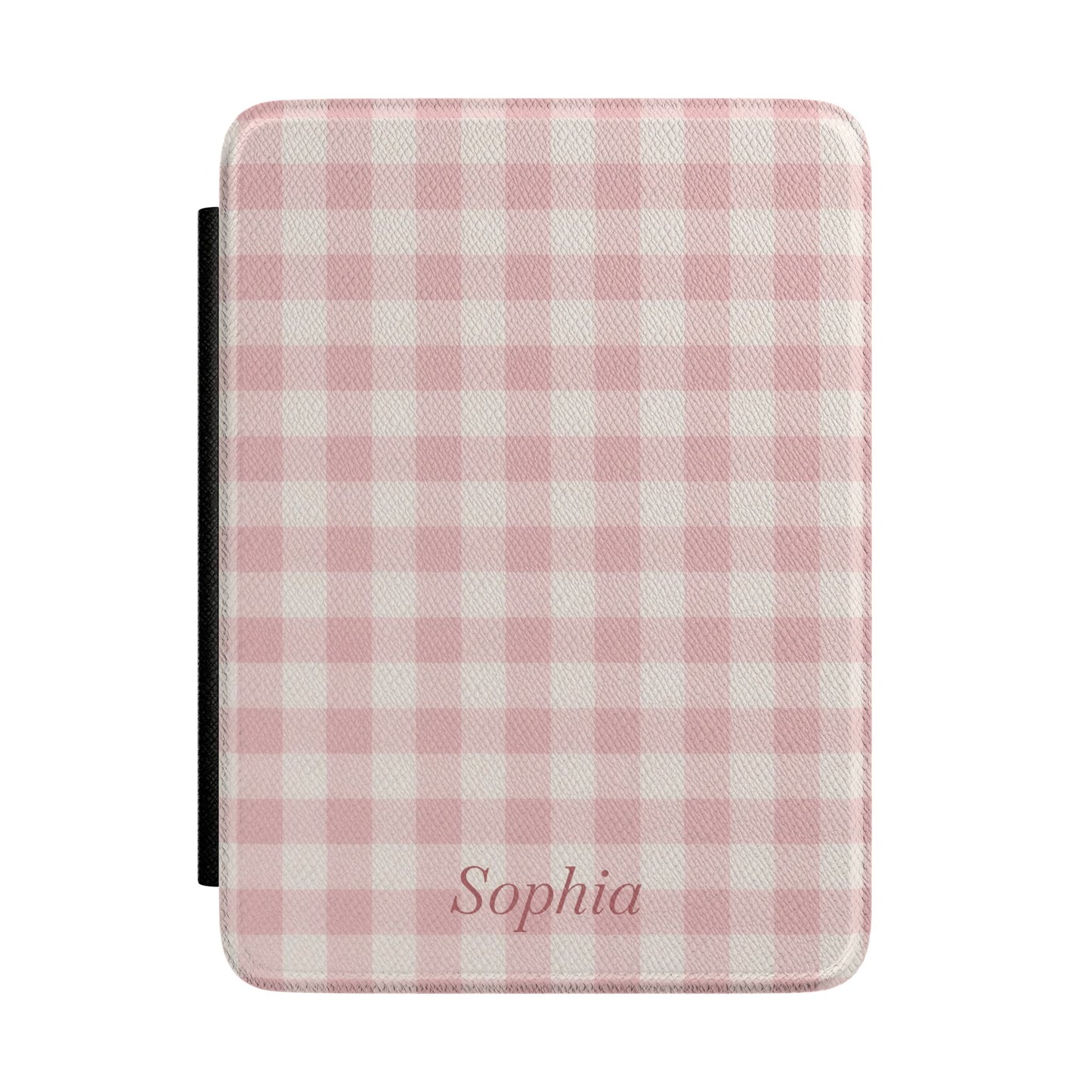 Soft pink gingham Kindle Paperwhite case with personalized name in script front cover — Coquette Reader custom gift