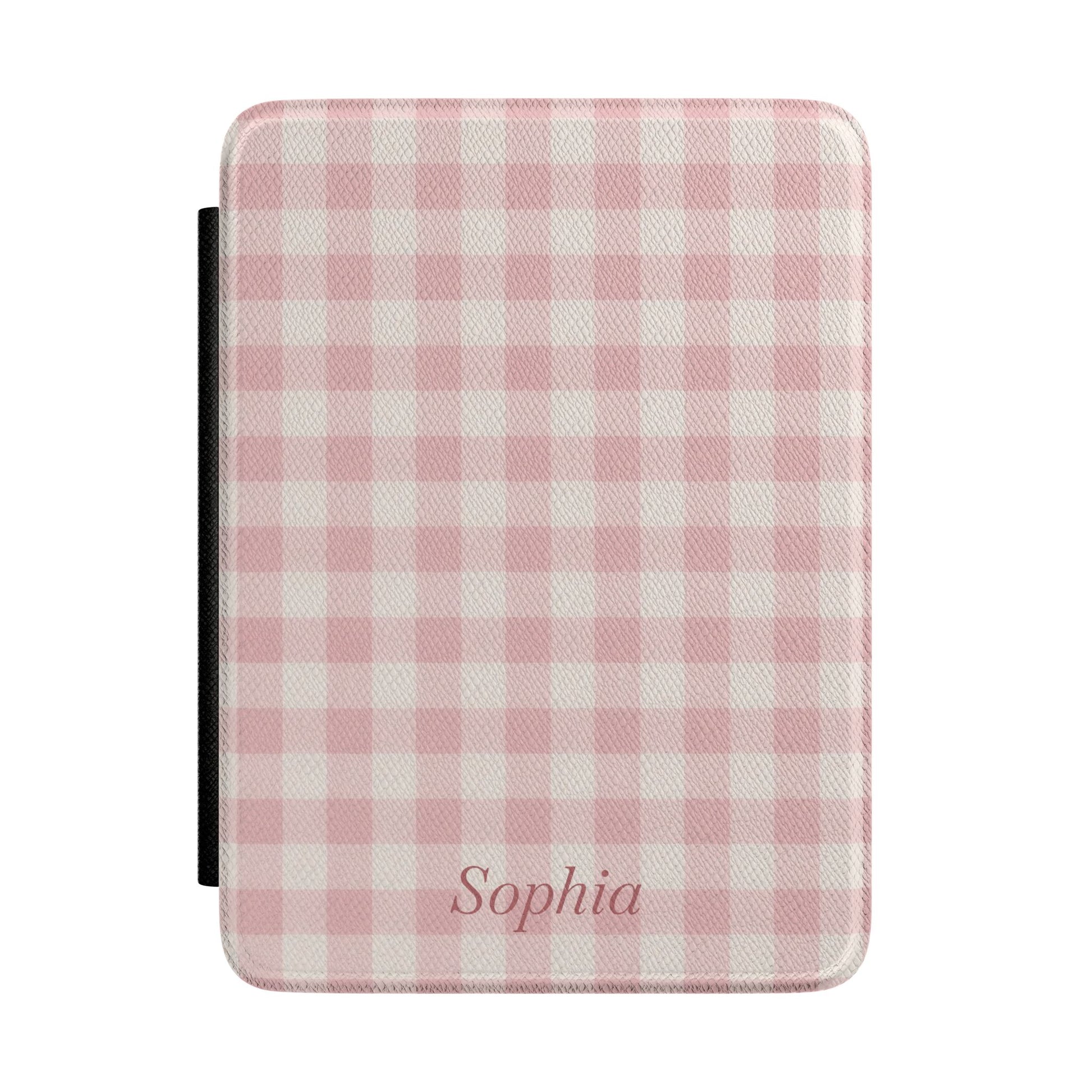 Soft pink gingham Kindle Paperwhite case with personalized name in script front cover — Coquette Reader custom gift