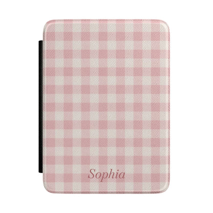 Soft pink gingham Kindle Paperwhite case with personalized name in script front cover — Coquette Reader custom gift