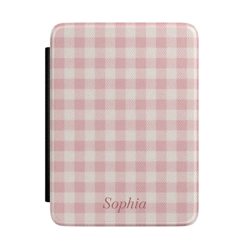 Soft pink gingham Kindle Paperwhite case with personalized name in script front cover — Coquette Reader custom gift