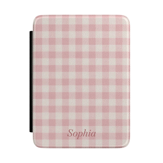 Soft pink gingham Kindle Paperwhite case with personalized name in script front cover — Coquette Reader custom gift