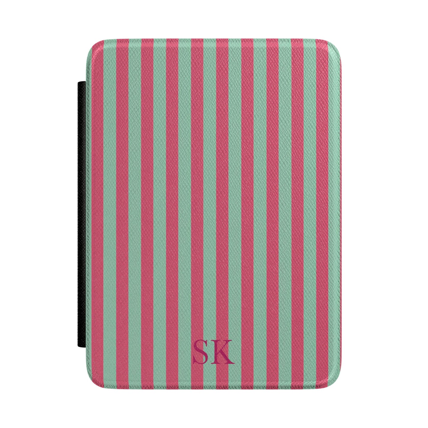 Pink and sage stripe Kindle Paperwhite case with debossed initials front cover — Coquette Reader personalized gift for her
