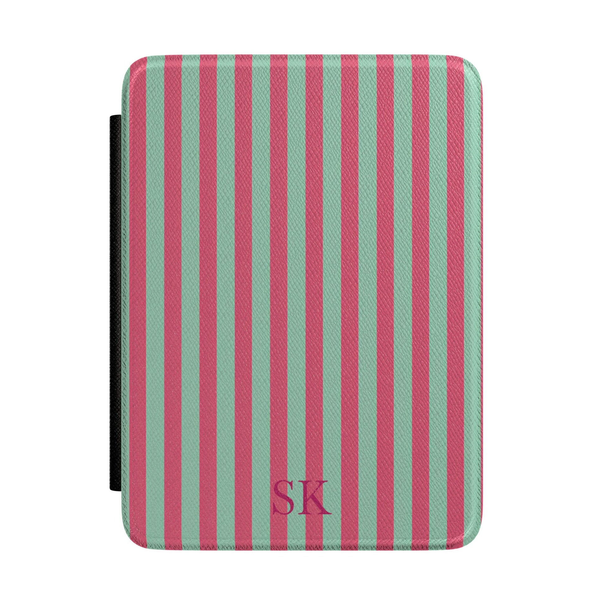 Pink and sage stripe Kindle Paperwhite case with debossed initials front cover — Coquette Reader personalized gift for her