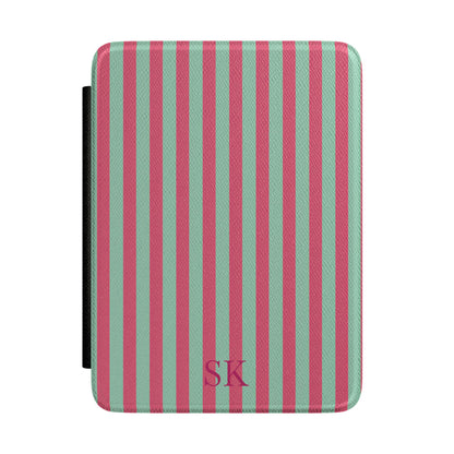 Pink and sage stripe Kindle Paperwhite case with debossed initials front cover — Coquette Reader personalized gift for her