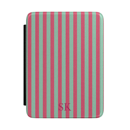 Pink and sage stripe Kindle Paperwhite case with debossed initials front cover — Coquette Reader personalized gift for her