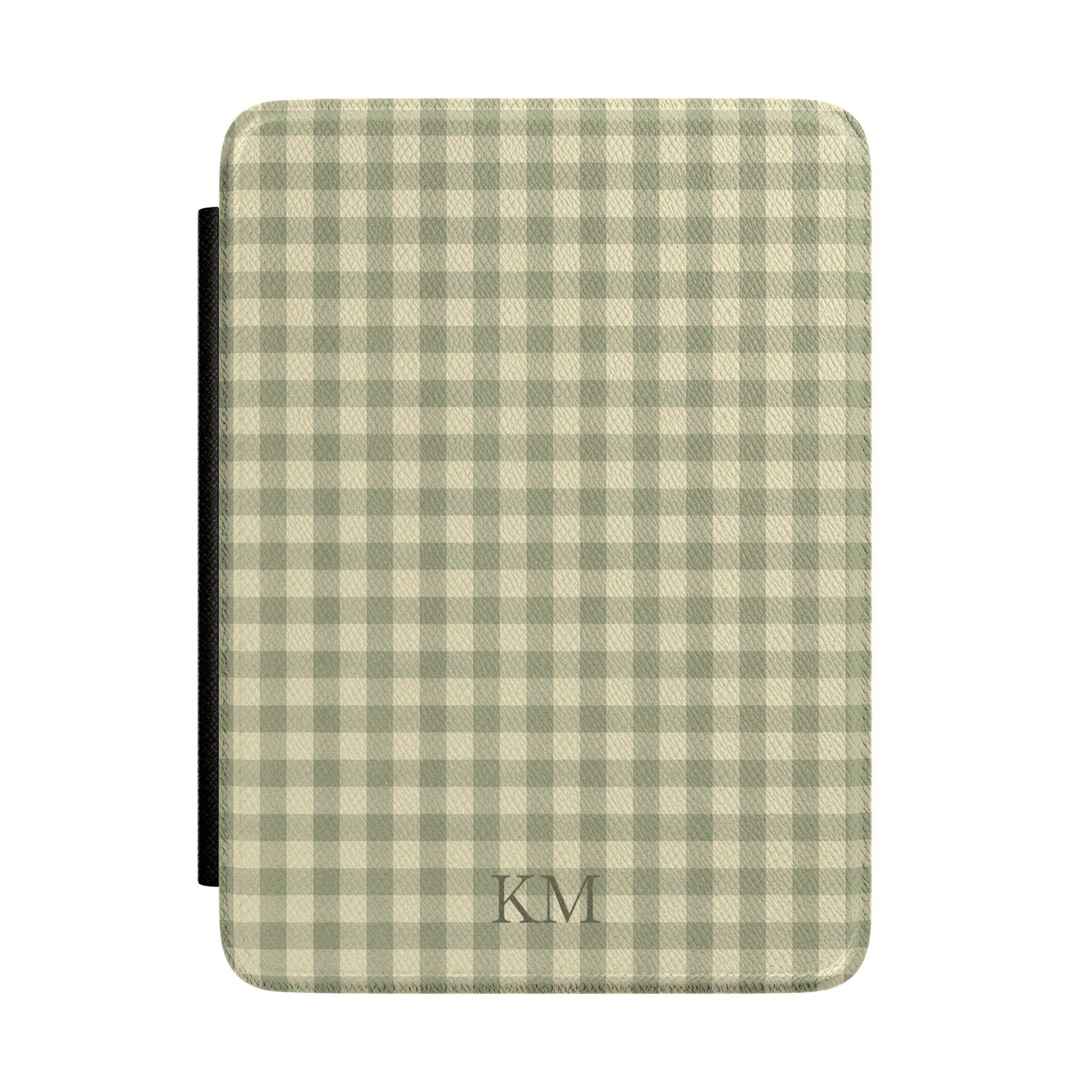 Sage green gingham Kindle Paperwhite case with debossed initials front cover — Quiet Bookish personalized gift