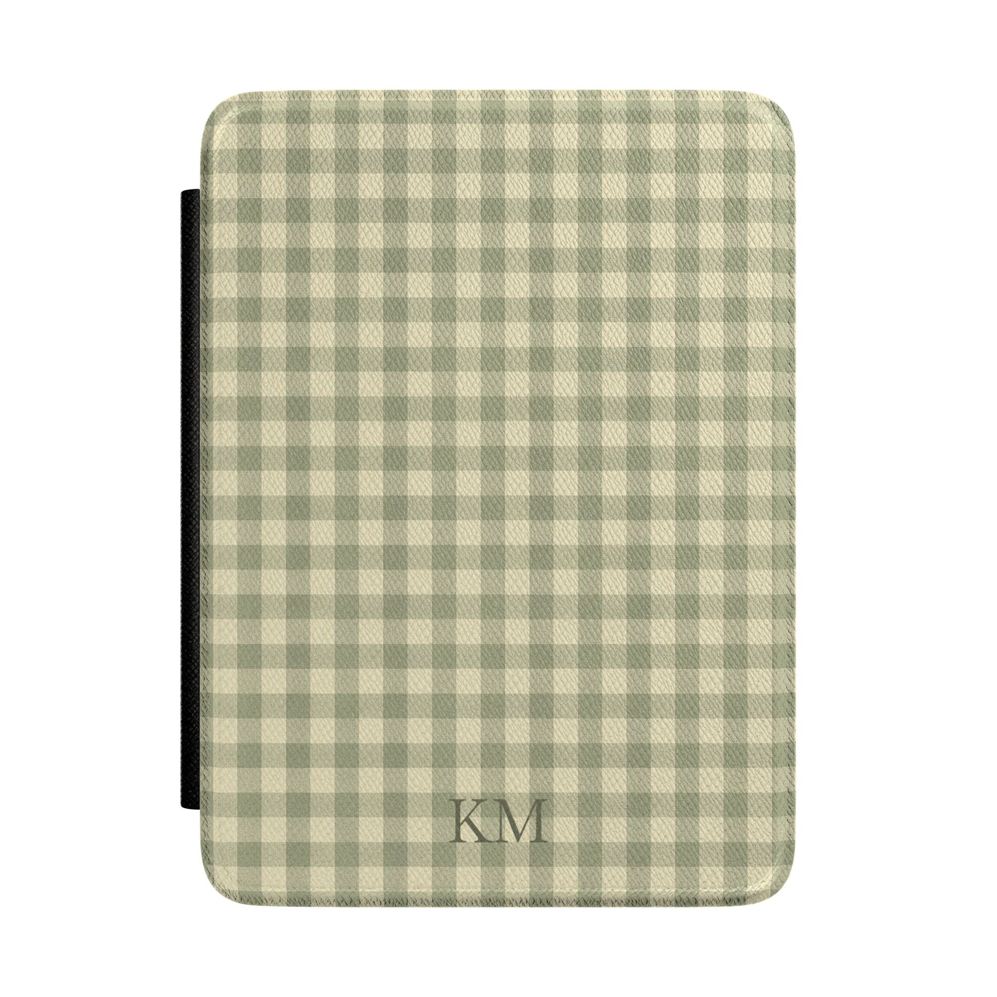 Sage green gingham Kindle Paperwhite case with debossed initials front cover — Quiet Bookish personalized gift