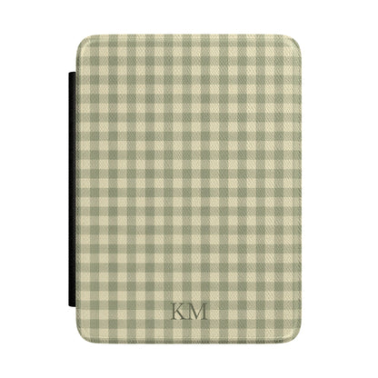 Sage green gingham Kindle Paperwhite case with debossed initials front cover — Quiet Bookish personalized gift