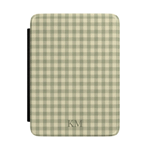 Sage green gingham Kindle Paperwhite case with debossed initials front cover — Quiet Bookish personalized gift