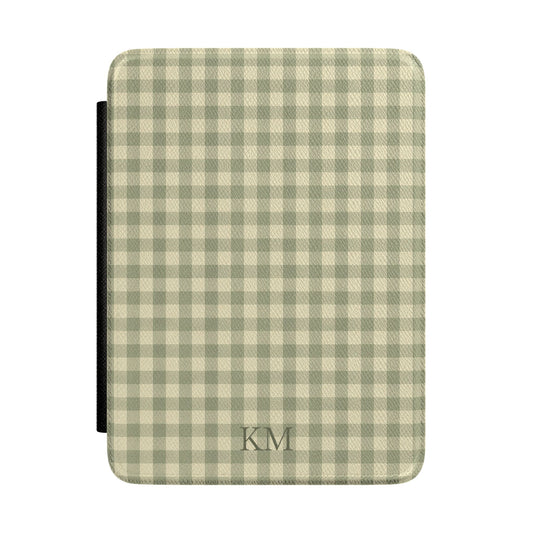 Sage green gingham Kindle Paperwhite case with debossed initials front cover — Quiet Bookish personalized gift