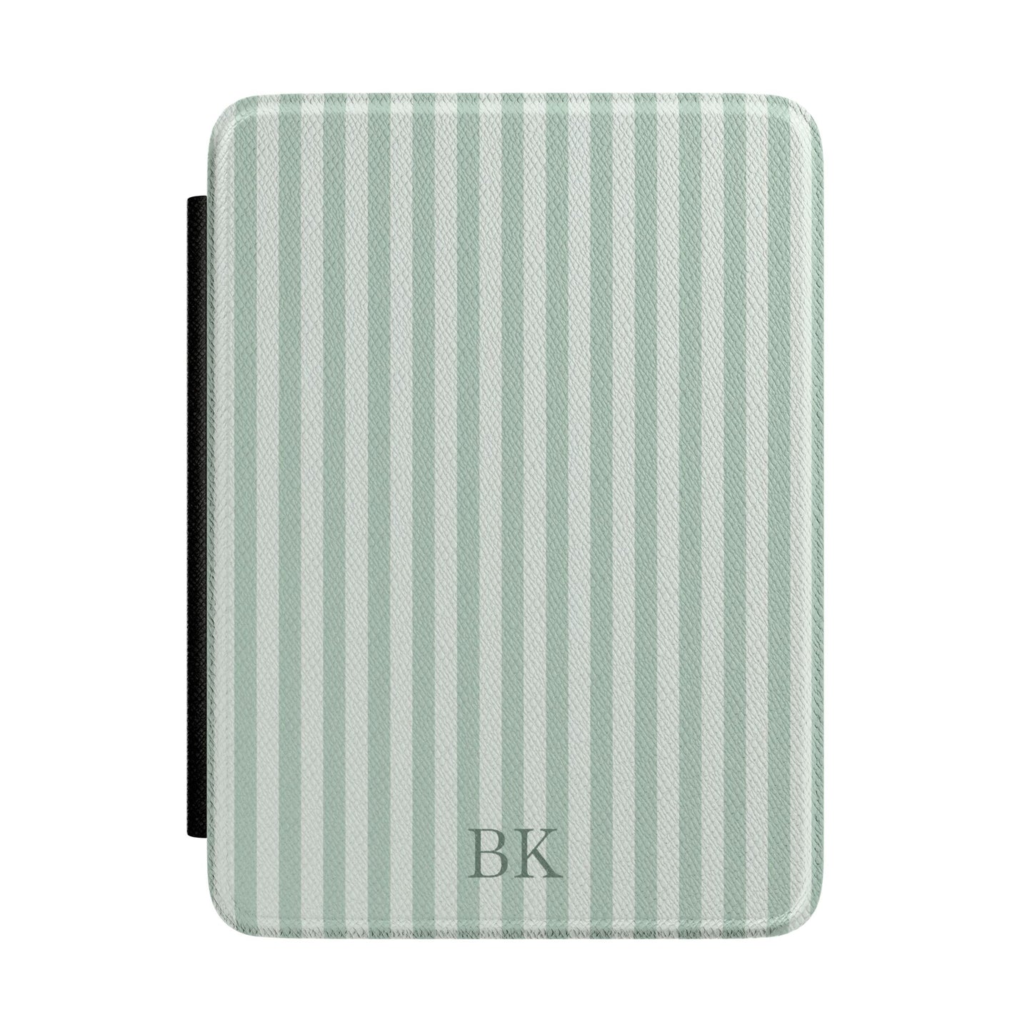 Sage and white ticking stripe Kindle Paperwhite case with debossed initials front cover — Quiet Bookish personalized gift