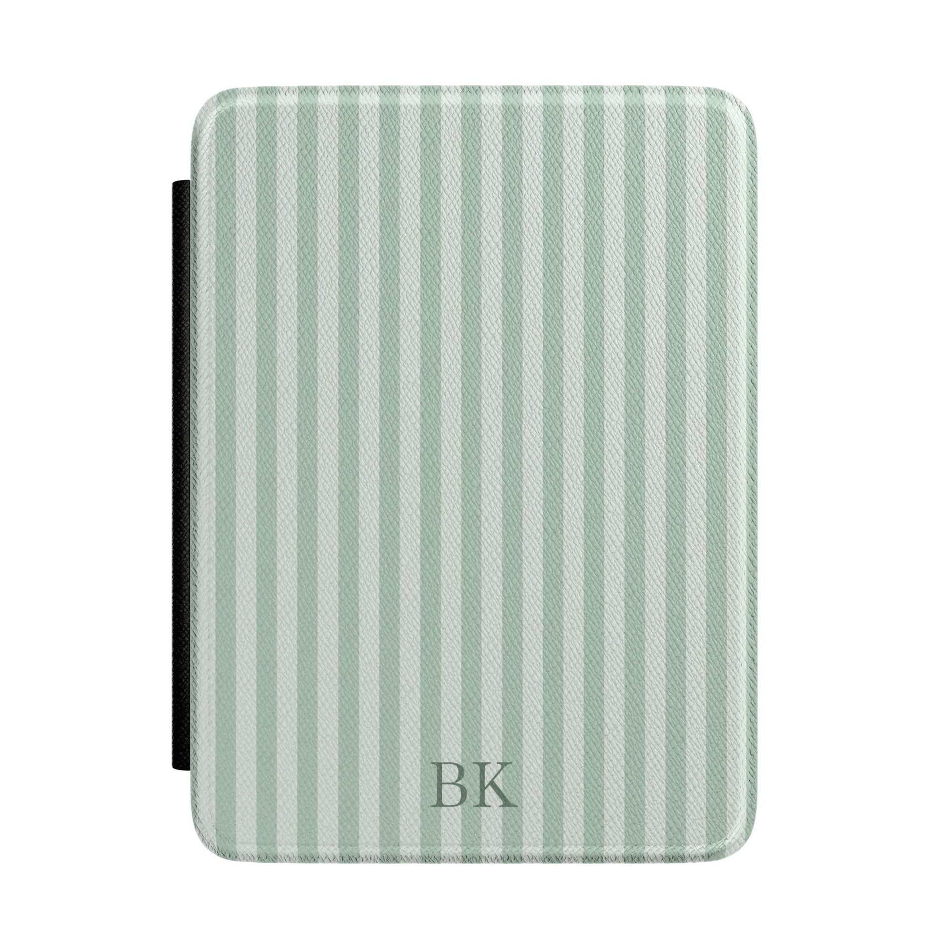 Sage and white ticking stripe Kindle Paperwhite case with debossed initials front cover — Quiet Bookish personalized gift