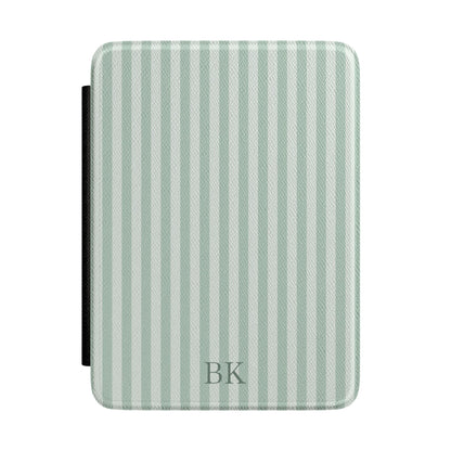 Sage and white ticking stripe Kindle Paperwhite case with debossed initials front cover — Quiet Bookish personalized gift