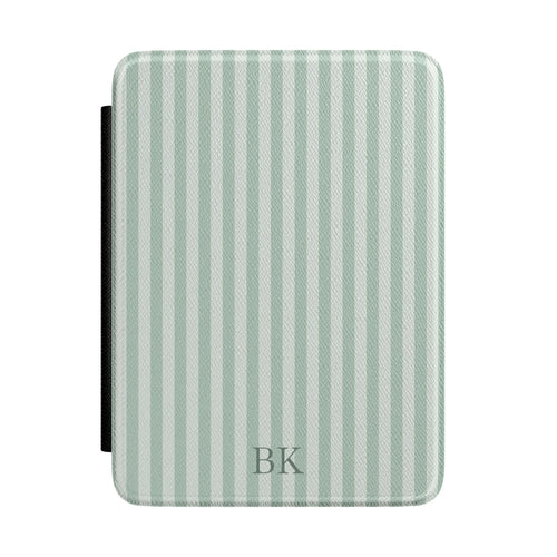 Sage and white ticking stripe Kindle Paperwhite case with debossed initials front cover — Quiet Bookish personalized gift