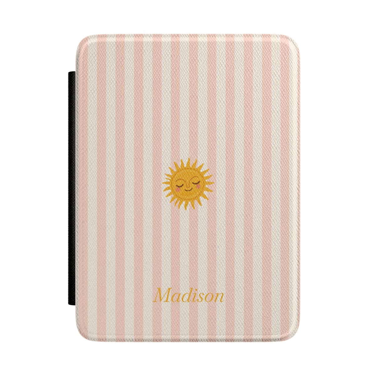 Blush and cream stripe Kindle Paperwhite case with sleeping sun and personalized name in gold script front cover — Coquette Reader custom gift