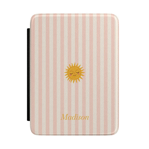 Blush and cream stripe Kindle Paperwhite case with sleeping sun and personalized name in gold script front cover — Coquette Reader custom gift