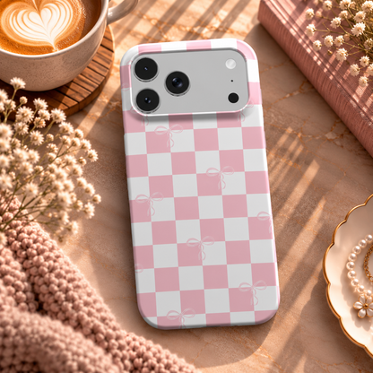 Pink Bow Check phone case – MagSafe iPhone case, lifestyle photo